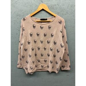 SKULL CASHMERE Women's Pink Beige‎ Skull Print Sweater Medium 100% Cashmere Knit